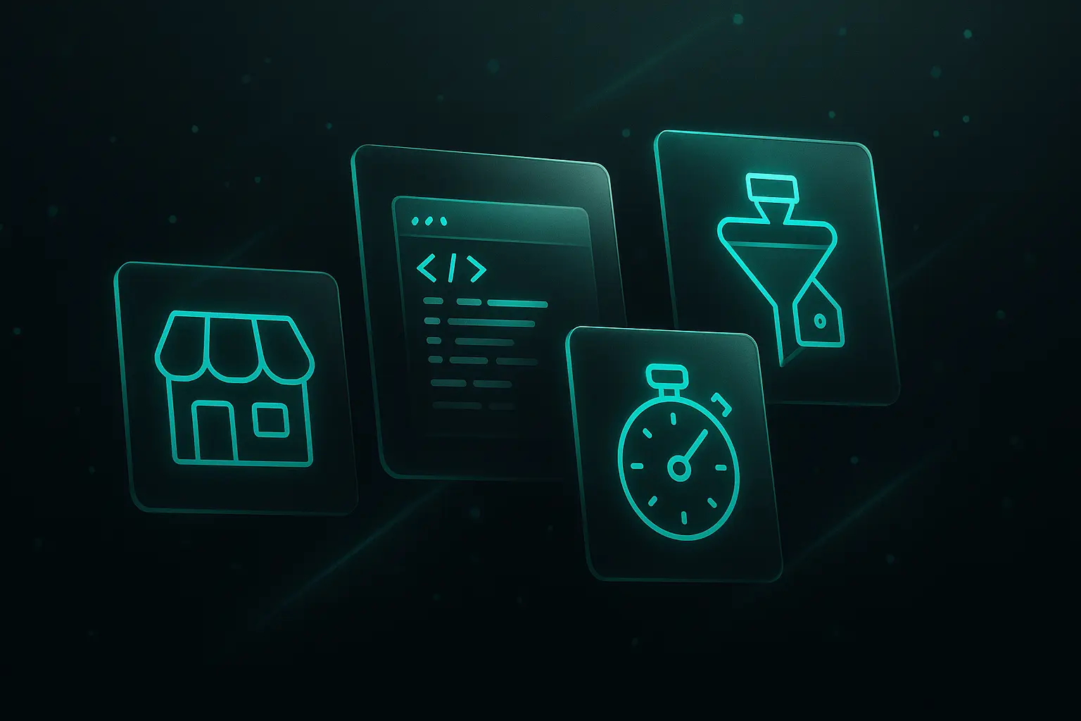 Labs collage: storefront, code, funnel, and stopwatch tiles